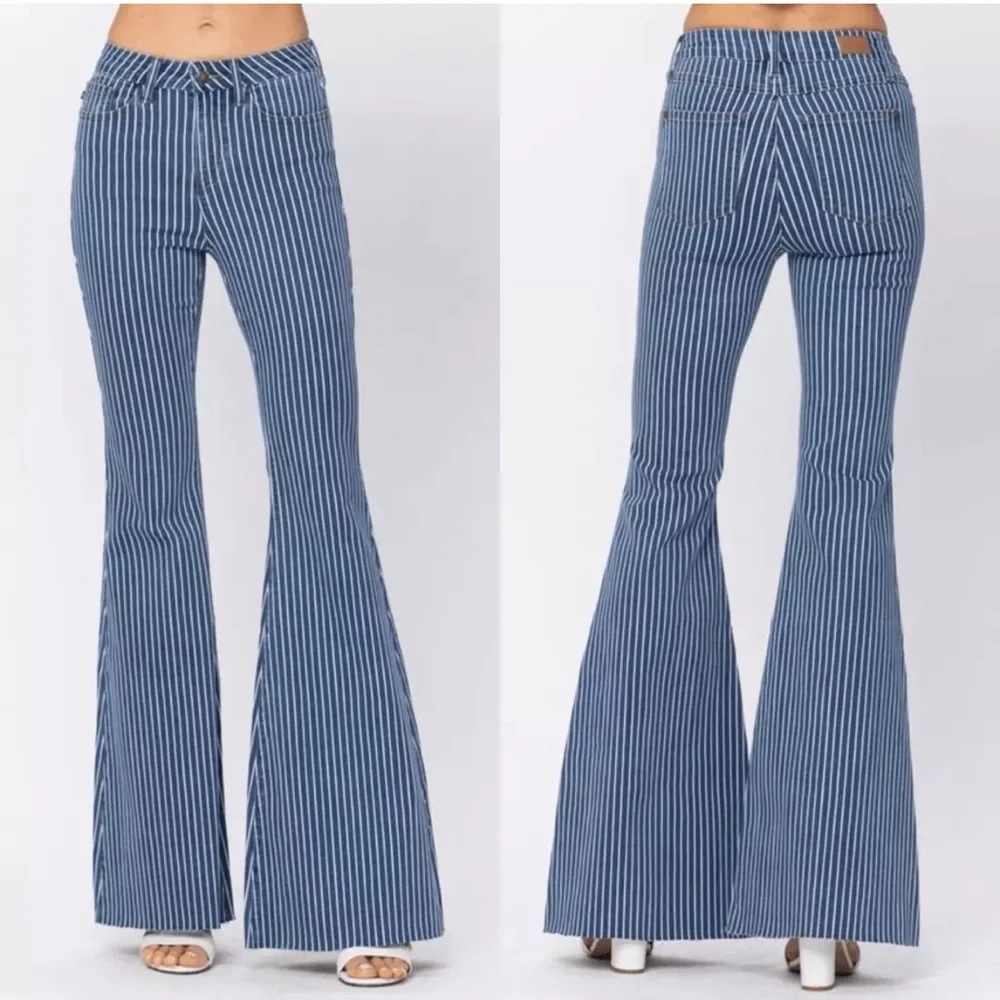 Judy Blue Jeans Super Flare Blue White Stripe Style JB88230 Raw Hem Size 3/26